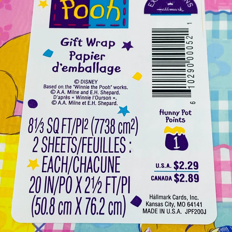 De colección Años 90 Disney Hallmark Winnie The Pooh Envoltura de Regalo Envoltura Pooh y Piglet Cuadros Foto 2 de 3