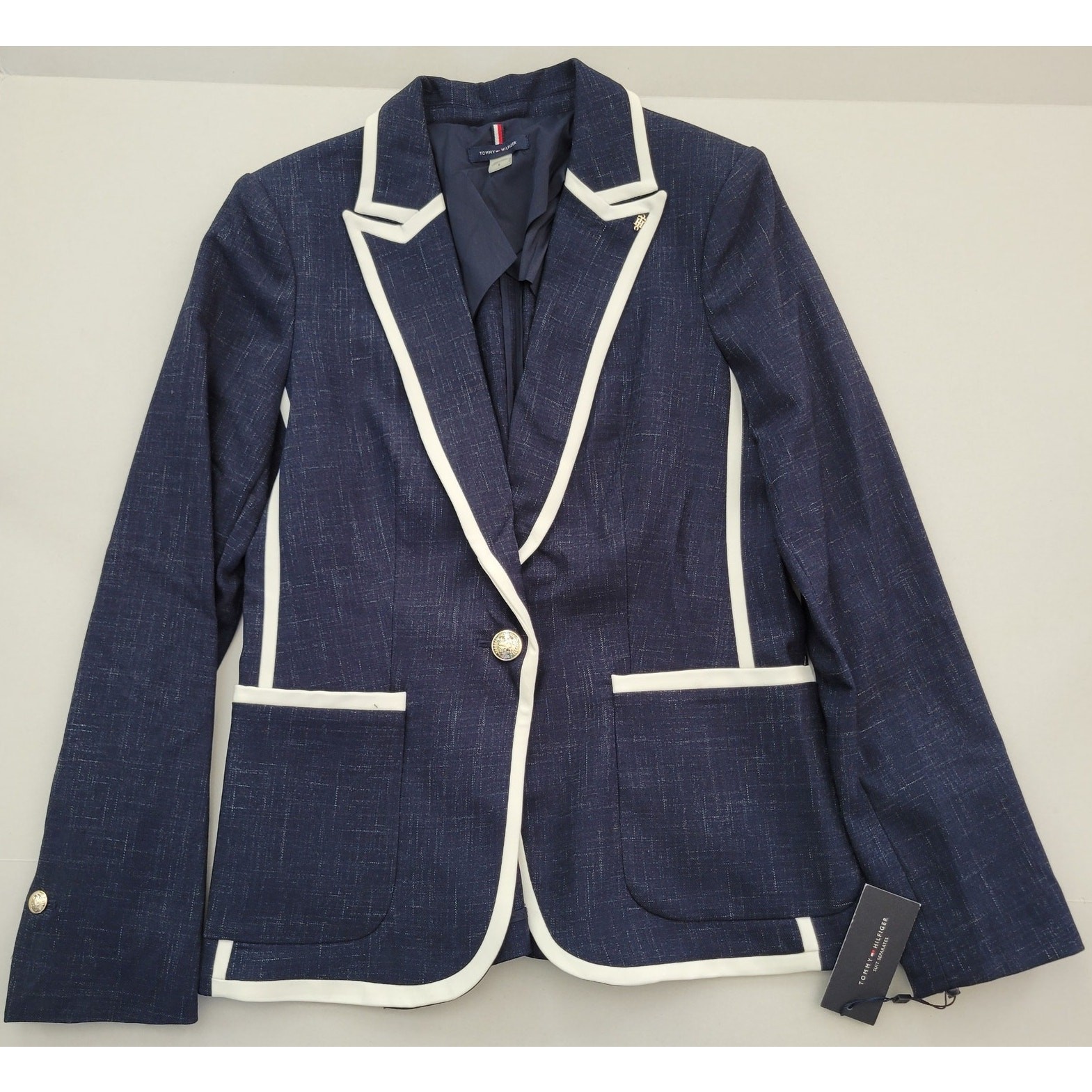 Tommy Hilfiger Women's Navy Framed 1 Silver Button Blazer White Trim Size 8 NWT