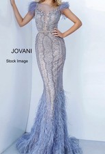 Jovani Lavender Silver Beaded Feather Embellished Formal Evening Gown, Size 4-6