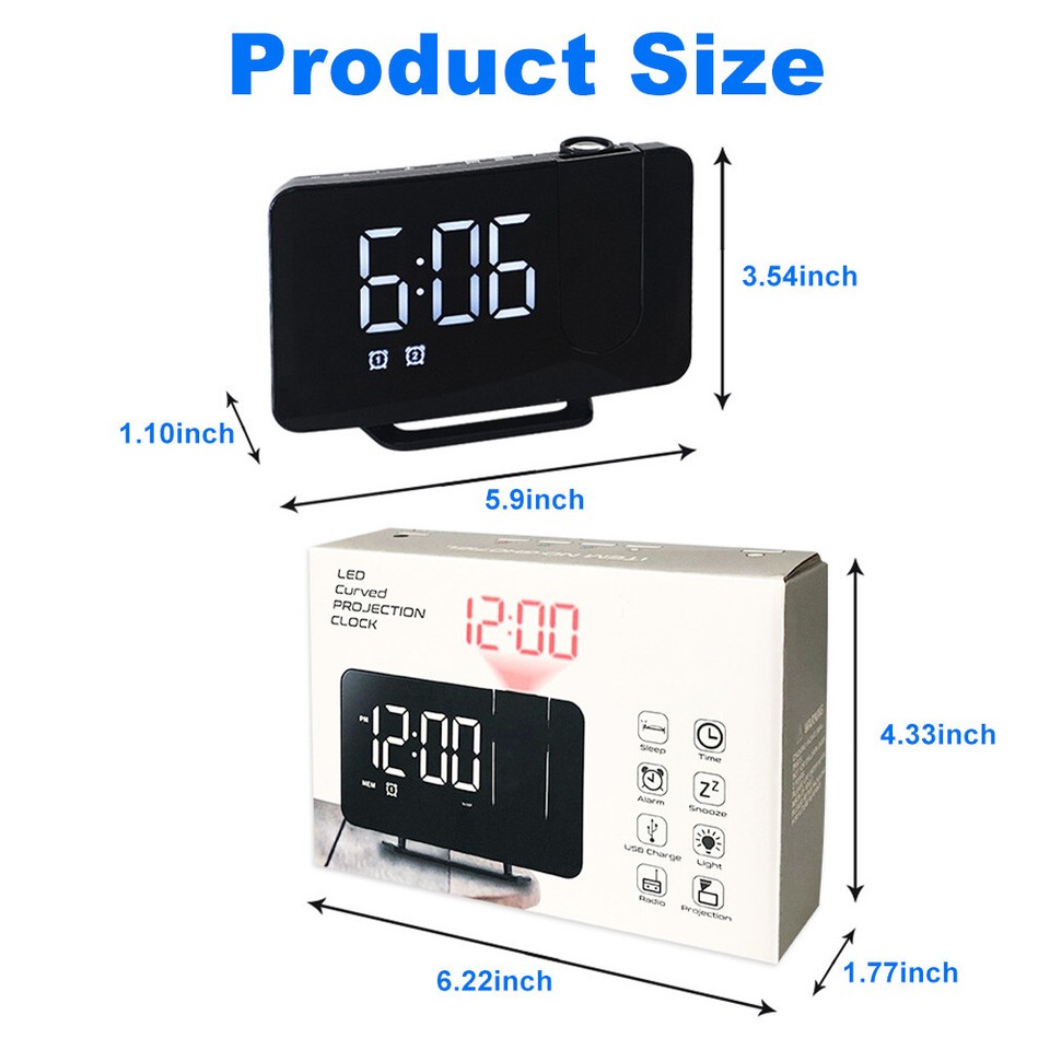 Projection Alarm Clock Large Digital LED Display Alarm Clock Snooze FM ...