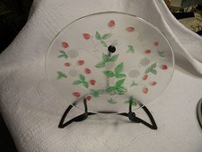 LG GLASS SERVING PLATE~PLATTER STRAWBERRIES* RED 7 GREEN w/METAL STAND 