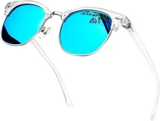 Transparent Mirror Blue Lens Semi Rimless Polarised Sunglasses  UV400 #A8