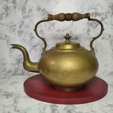 Brass Teapot & Lid Wood Handle Natural Patina Vtg Kitchen Decor Primative READ