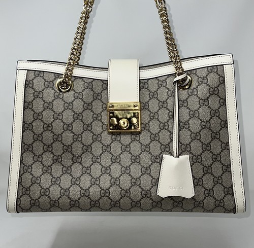GUCCI GG Supreme Monogram Medium Padlock Tote White Bag Authentic ❤️ - Picture 3 of 11