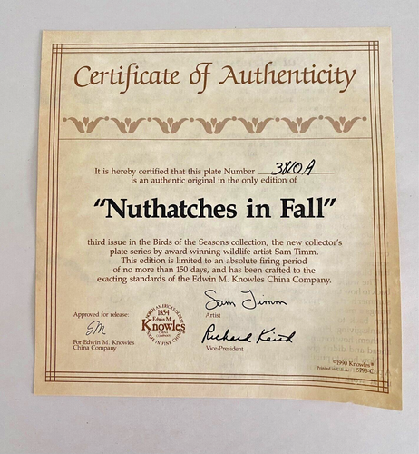 Edwin M Knowles "Nuthatches in Fall" 1991 Collectors Plate 3810A - Picture 3 of 4