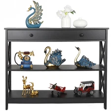 3 Tiers Console Table w/Drawer Storage Shelf Black Sofa Table Hallway Decor Home