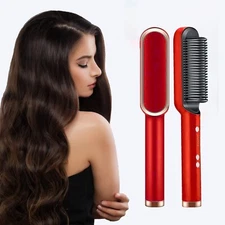 2 in 1 Hair Straightener Brush Negative Ion Styling Comb Hair Curler with 5 Temp