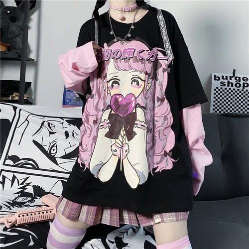 Black Pink Anime Loose Shirt Japanese 