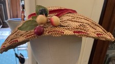 Vintage 40s Pattern Woven Straw Tilt Hat Headpiece Velvet Trim Fruit Hat Pin