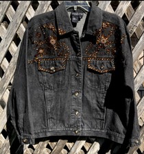 Vintage Carole Little Black Denim Jacket w/ Jewels, Sz 6 Floral Theme