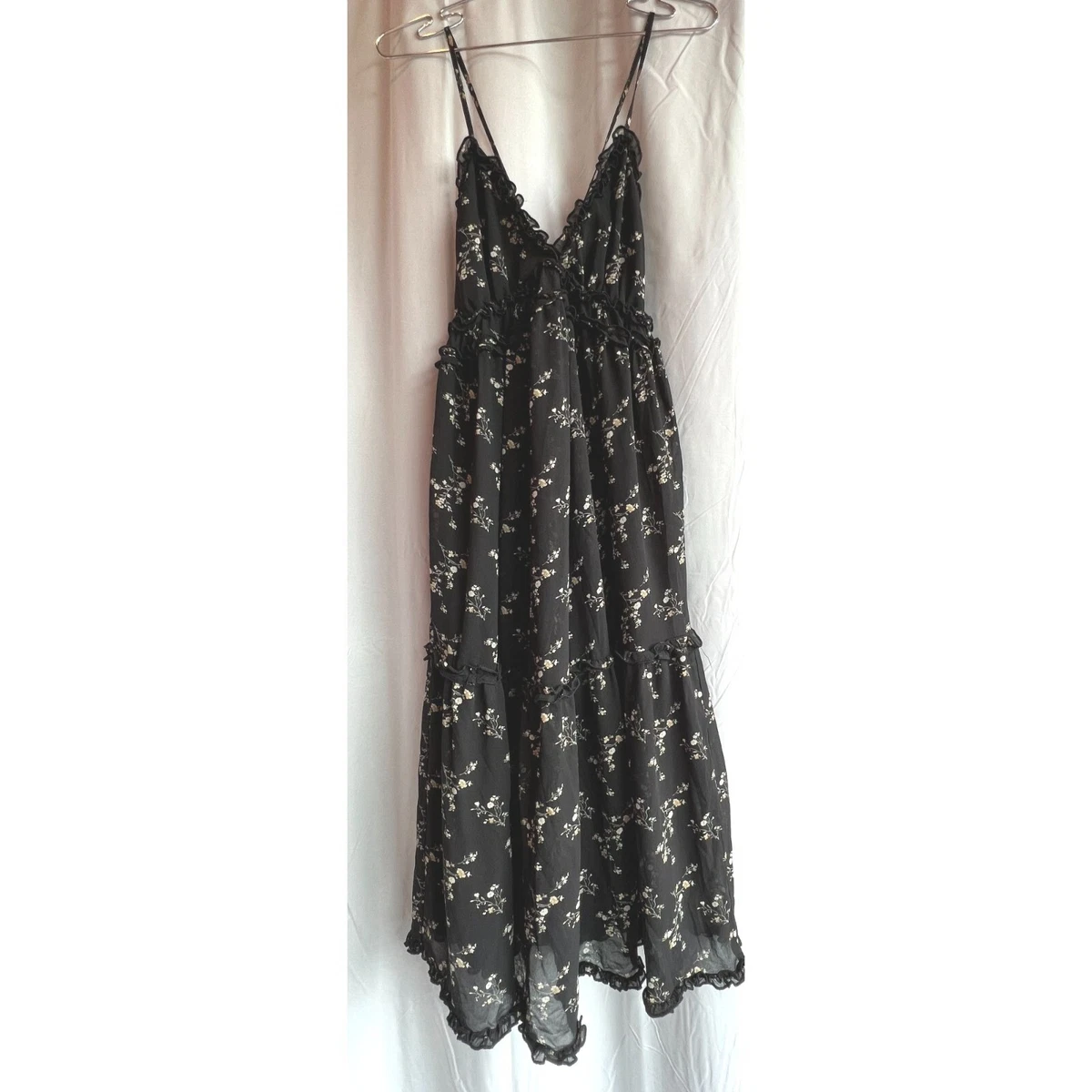 Forever 21 Chiffon Black Floral Dress Tiered Ruffle Cami Top Lined