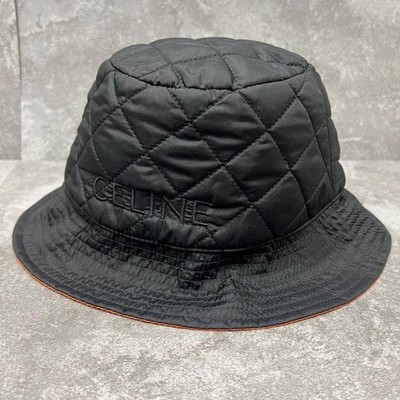 Celine Quilted Bucket Hat, Black (Lining: Orange), Nylon, Size M