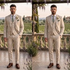 Beige Linen Men's Suits Summer Beach Wedding Groom Tuxedo Outdoor Slim Fit 3 Pcs