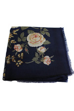 J Crew Womens Wool Knit Square Fringe Trim Floral Scarf Navy Multi 35"x35"