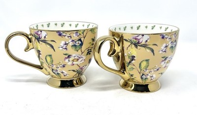 SH Home Set Of 2 Yellow With Gold Accents Floral Stoneware Coffee Mugs New