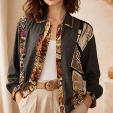 Vintage 80s Nino Wong Mixed Print Boho Jacket Artsy Rayon Button Front M