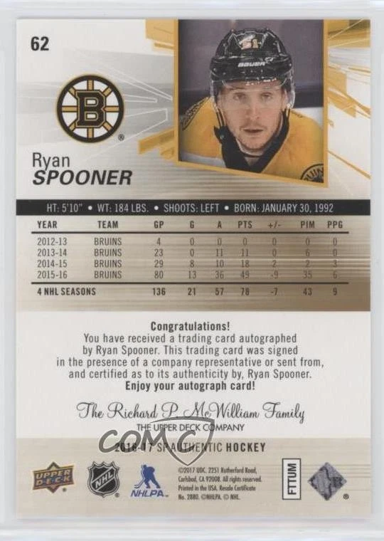 2016-17 SP Authentic Spectrum Auto Ryan Spooner #62 Auto - Image 2 of 2