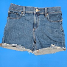 Express Original Midi Denim Shorts Size 6 Mid Rise Raw Hem Medium Wash Stretch