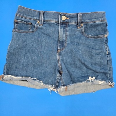 Express Original Midi Denim Shorts Size 6 Mid Rise Raw Hem Medium Wash Stretch