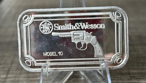 SMITH & WESSON MODEL 10 REVOLVER SILVER ART BAR - 1 OZ .999 FINE SILVER