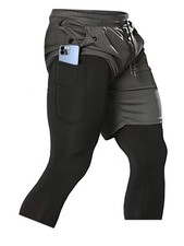 Mens 2 In 1 Running Pants Gym Workout Compression Athletic Training Tight