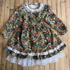 Vintage Girls Floral Prairie Dress Size 10 Lace Ruffle Cottagecore