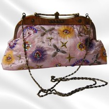 1950s Style Pink Embroidered Evening Bag Beaded Satin Kiss Lock Chain Purse