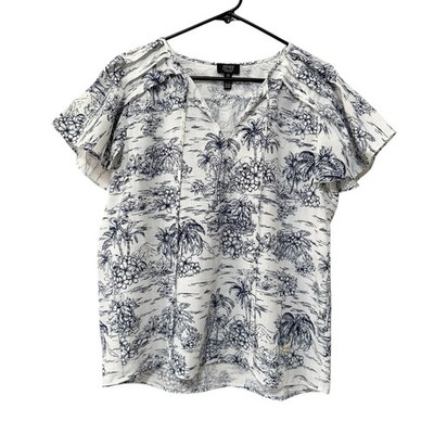 Jones New York Signature Linen Blend Top M Blue White Palm Toile Flutter Sleeve