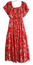 Red Paisley Floral Print Off-Shoulder Boho Chic Bohemian Tiered Maxi Dress Sz 6