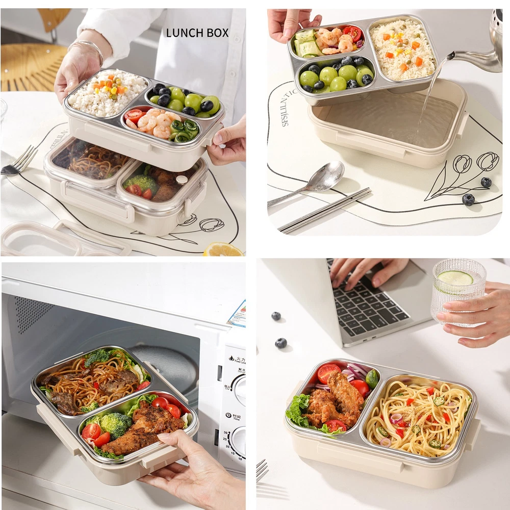 Bento Box Lunch Box Stainless Steel Food Container with 3 Compartments is Sealed