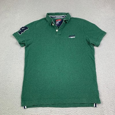 Superdry Polo Shirt Mens Large Green Short Sleeve Casual Logo Cotton Pique
