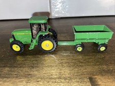 Vintage Ertl John Deere Tractor Grain Wagon Trailer Yellow Green DieCast Set