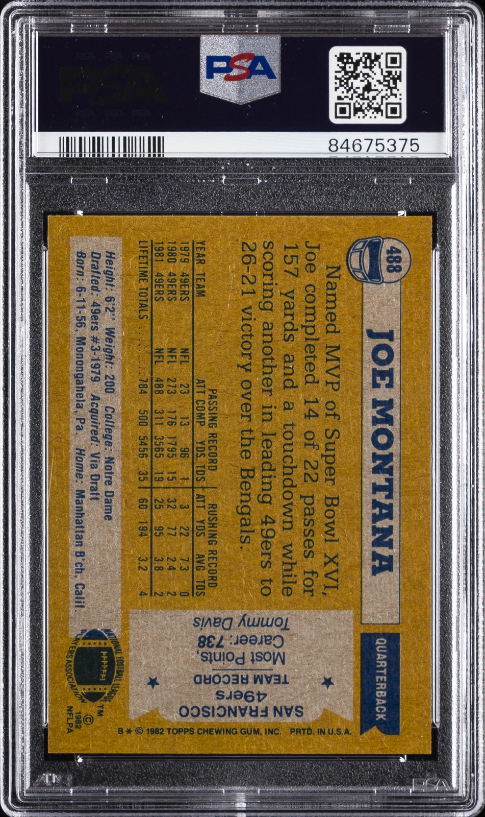 1982 TOPPS ALL-PRO #488 JOE MONTANA PSA 8 view 2
