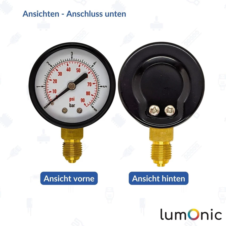 Manometer 0-16bar 1/8-1/2 Zoll Klasse 2,5 Anschluss hinten/unten Durchmesser 40m - Bild 4 von 4