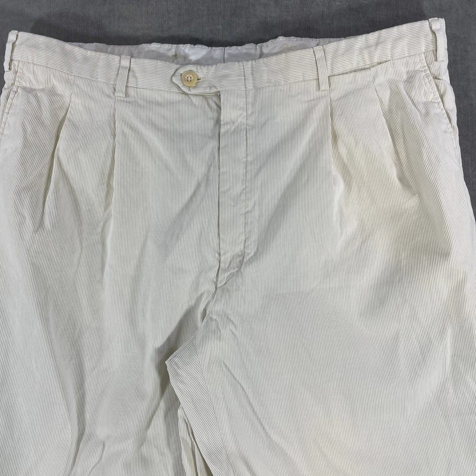 Pantalones Brioni Cortina Para Hombre Talla 58 R Beige Algodón Plisado Rayas Pantalones Foto 3 de 4