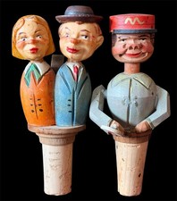 2 Vintage Anri Italian Made Carved Wood Mechanical Man & Couple Bottle Stoppers