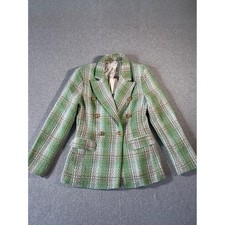 Tweed Double Breasted Blazer Green Plaid Gold Button Jacket S 0009