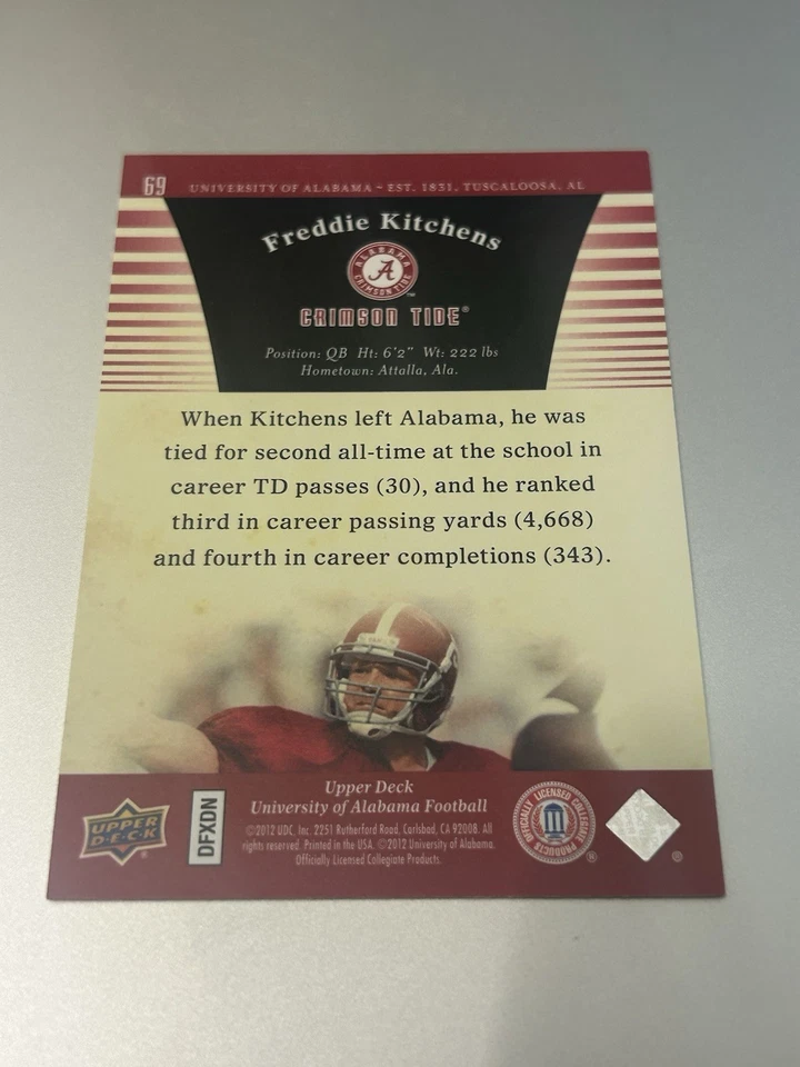 2012 Upper Deck University of Alabama #69 Freddie Kitchens NCAA Football - Image 2 of 2