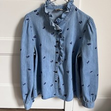 🇫🇷 Sézane Chloe Blue Denim Floral Embroidered Shirt Size US 10