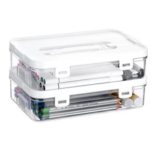 2 Pack Clear Plastic Storage Box with Handle & Flap Lid, Portable Craft Organ...