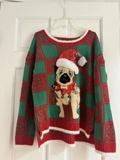 Womens UGLY Christmas Sweater L LARGE  DOG PUG  33 Degree SEQUINS BELLS  