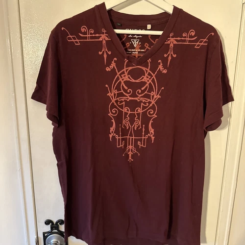 Men’s V-neck Guess T-shirt Burgundy Patterned Size Large