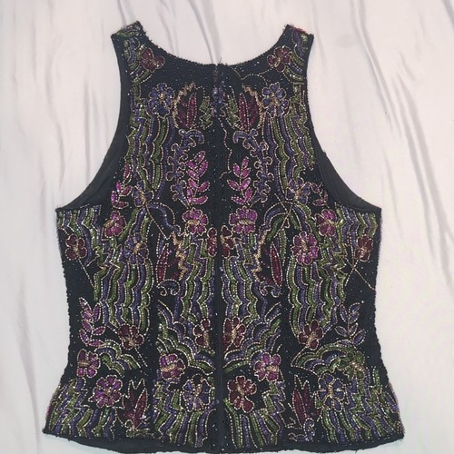 Laurence Kazar Paris NY Floral Designer Ladies Sleeveless Beaded Silk Blouse M - Picture 4 of 10