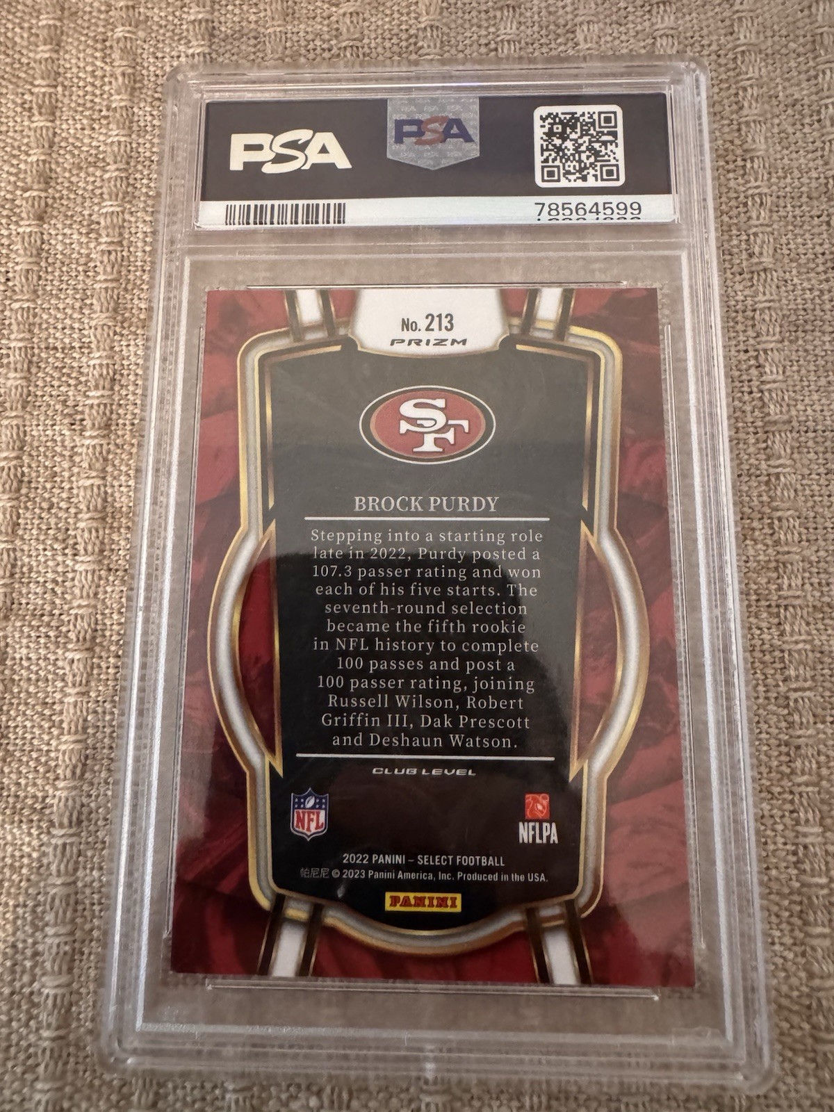 Panini 2022 Select Club Level Brock Purdy #213 Silver Prizm Rookie PSA 9 view 2