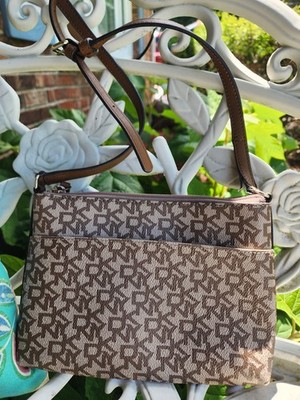 DKNY Caylin Top Zip Crossbody Bag Brown Beige Logo Print Adjustable Strap Purse