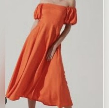 ASTR the Label Fairy Vibrant Linen Blend Puff Sleeve Off-Shoulder Midi Dress M