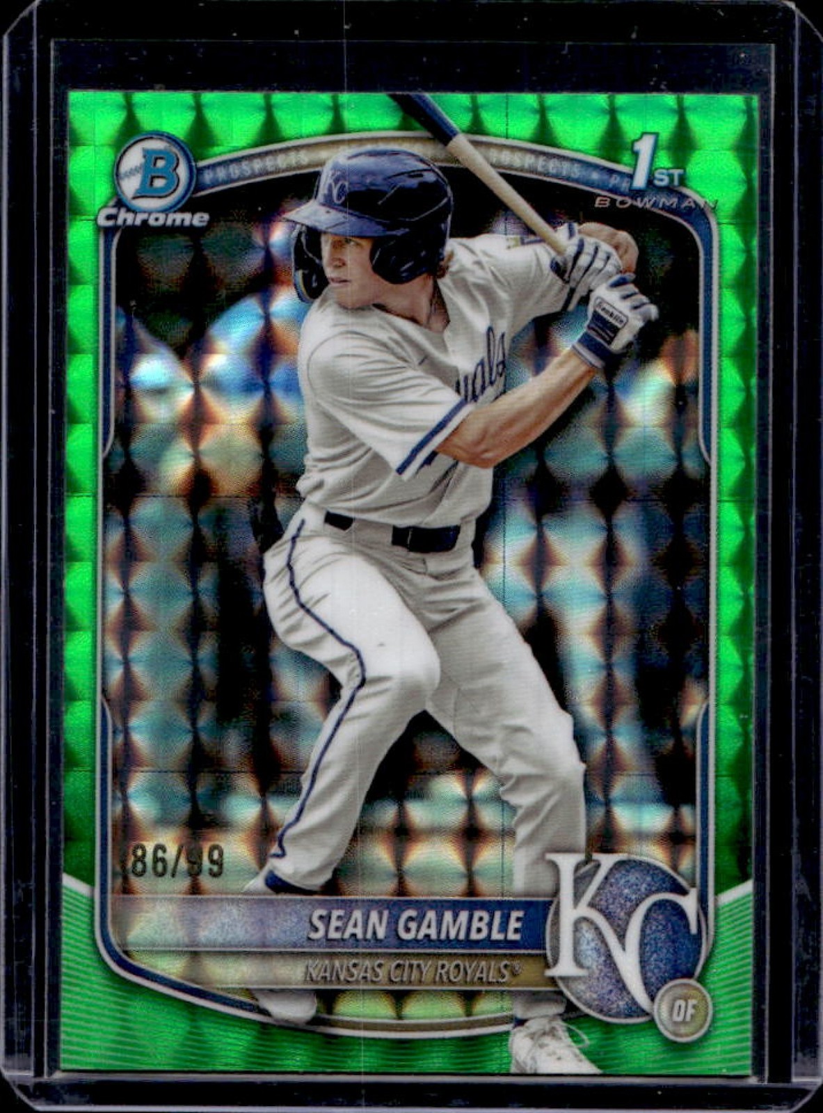 2025 Bowman Draft Sean Gamble Chrome Green Geometric Refractor 1st #/99 Royals