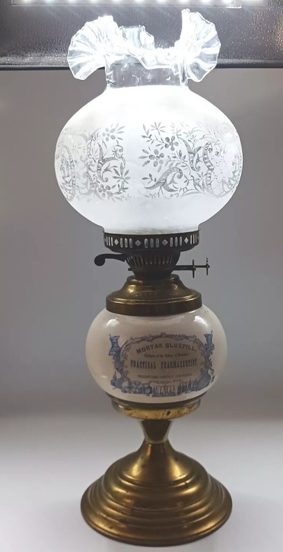 Antique Pharmaceutist Brass And Ceramic Oil Lamp W/ Fluted Top Mortar Bluepill