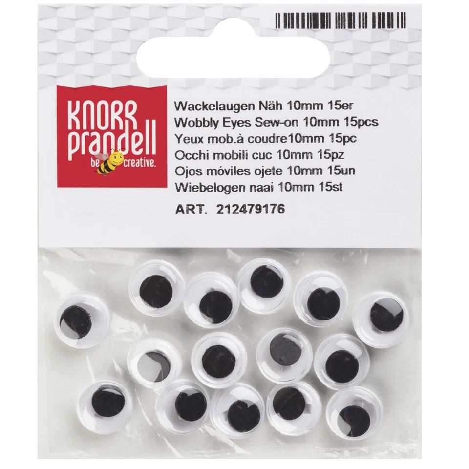 KNORR PRANDELL 15 Wackelaugen mit Öse Ø 10 mm weiß mit schwarzer Pupille Amigurumi Augen
