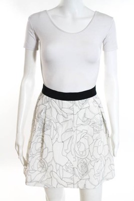 On Sale DKNY White Black Silk Embroidered Pleated A Line Skirt Size 6